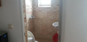 a bathroom with a shower and a toilet and a sink at Свети Никола in Sinemorets +32 photos
