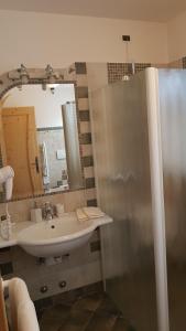 a bathroom with a sink and a shower with a mirror at Agritur Coryletum in Coredo