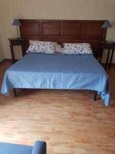 1 cama con edredón azul y 2 almohadas en B&B La Piazzetta, en Paola