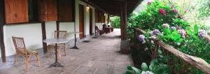 d'une terrasse avec des chaises, une table et des fleurs. dans l'établissement Agroturismo Sidreria Txindurri Iturri, à Deba