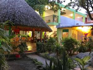 a house with a thatch roof and a patio at Hostal Casa Huasteca in Ciudad Valles