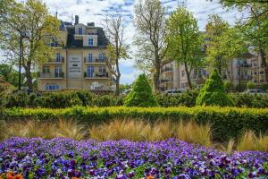 einen Garten mit lila Blumen vor einem Gebäude in der Unterkunft Baltic Home in Świnoujście