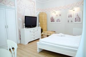 una camera con letto e televisore su un comò di Deluxe appartment in the city center a Lviv