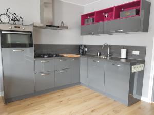 a kitchen with gray cabinets and a sink at Vitamine Zee in Petten +16 photos