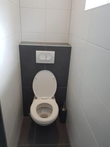 a small bathroom with a toilet in a stall at Vitamine Zee in Petten