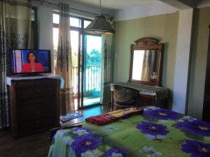 1 dormitorio con cama y vestidor con TV en Le Bamboo Guesthouse, en Mahébourg
