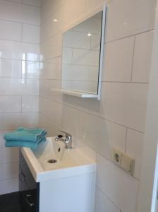 W białej łazience znajduje się umywalka i lustro. w obiekcie Vakantiewoning Het Gemaal w mieście Oostwold