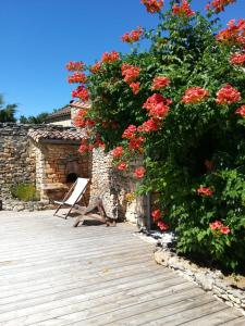a wooden deck with a bush with red flowers at Les Buis in Castelnaud La Chapelle