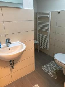 uma casa de banho com um lavatório e um WC em Ferienhaus Lilo em Braunlage