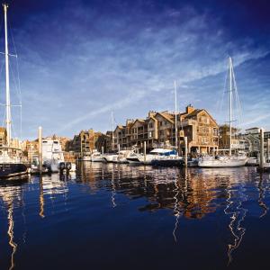 Eine Gruppe von Booten liegt in einem Hafen vor Anker. in der Unterkunft Club Wyndham Newport Onshore in Newport