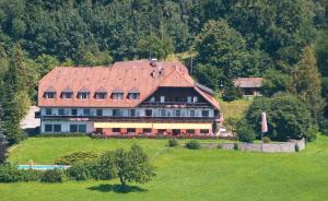 ein großes Haus mit rotem Dach auf einem Hügel in der Unterkunft Hotel Schöne Aussicht in Salzburg