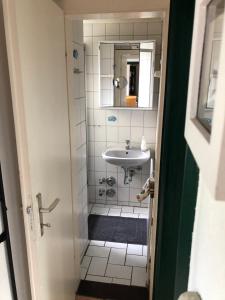 a small bathroom with a sink and a mirror at Großer Hookie in Hooksiel