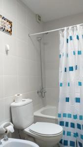 une salle de bain avec toilettes et rideau de douche dans l'établissement Departamento "Avanti", à San Martín de los Andes 39 autres photos