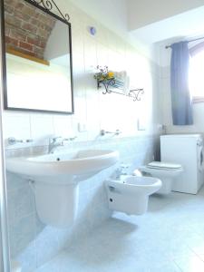 a bathroom with a sink and a toilet and a mirror at Casa Vacanza Il Malandrone in Vada