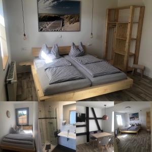 three pictures of a bedroom with a bed and a bathroom at Landgasthof Wetteraperle in Raila
