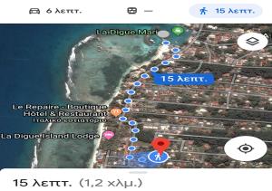a screenshot of a google map of a beach at Lucy's guesthouse in La Digue
