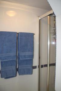 a bathroom with blue towels and a shower at Ortari@70 in Swansea