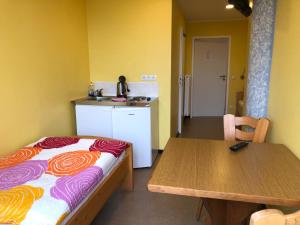 a room with a bed and a table and a kitchen at Humboldtruh in Weitersburg