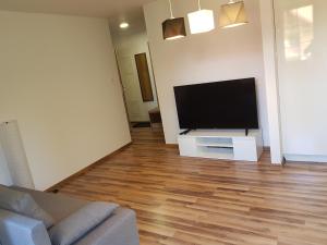 a living room with a flat screen tv and a couch at Apartament Nad Łomnicą in Karpacz