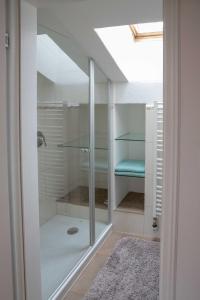 インツェルにあるFerienwohnung Traudlのバスルーム(ガラスドア付きのシャワー付)