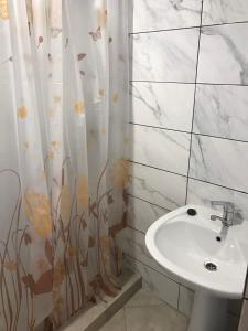 La salle de bains est pourvue d'un lavabo et d'un rideau de douche. dans l'établissement Гостьовий Будинок Косонь, à Koson
