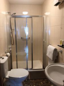 a bathroom with a shower and a toilet and a sink at Westport View Apartments in Westport