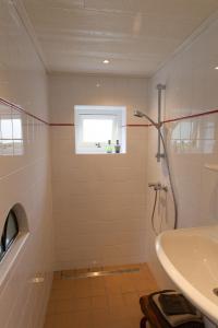 uma casa de banho com um chuveiro e um lavatório. em Bed And Breakfast Rodenberg em Driebergen