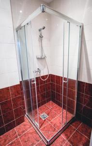 La salle de bains est pourvue d'une cabine de douche avec du carrelage rouge. dans l'établissement Villa Kaunensis, à Kaunas