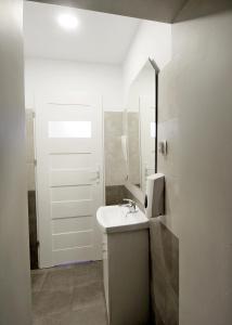 BP Hostel Gdynia في غدينيا: حمام أبيض مع حوض ومرآة