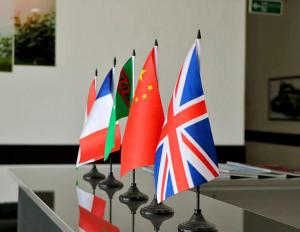 a row of different flags on a table at A-Hotel Ex Magistral in Solnechnyy