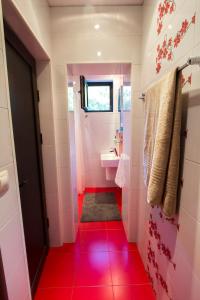 維丁的住宿－Modern Apartment in the Heart of Vidin，浴室铺有粉红色和红色的地板,配有水槽