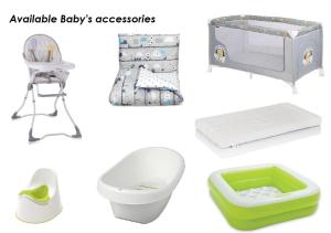 a collage of baby items including a crib bed and a toilet at Apartment Gdańsk Seaside & City Center in Gdańsk