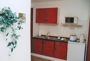 eine Küche mit roten Schränken, einer Spüle und einer Mikrowelle in der Unterkunft Ferienunterkünfte Wießmann in Heringsdorf