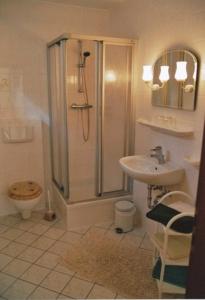 ein Bad mit einer Dusche, einem WC und einem Waschbecken in der Unterkunft Ferienunterkünfte Wießmann in Heringsdorf