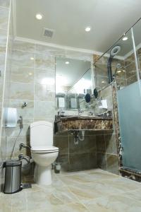 a bathroom with a toilet and a shower and a mirror at Eastern Al Montazah Hotel in Alexandria