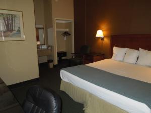 a hotel room with a bed, chair, and nightstand at Travelodge by Wyndham Silver Spring in Silver Spring
