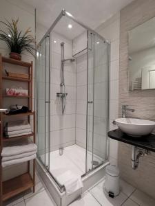 een badkamer met een douche en een wastafel bij Ferienwohnungen Neckarblick - Heidelberg Altstadt in Heidelberg