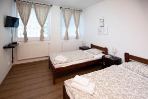 a room with two beds and a tv and two windows at Žižkov Cosy Studio Apartments in Prague
