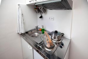 a kitchen sink with a pot and utensils at Žižkov Cosy Studio Apartments in Prague