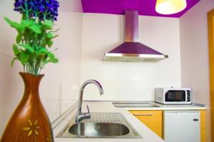 una cocina con fregadero y un jarrón con flores púrpuras en Apartamentos 16:9 Playa Suites, en Almería