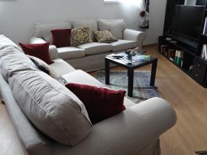 uma sala de estar com um sofá e uma mesa de centro em Museu Casa Aleixo em Sernancelhe