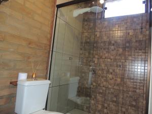 a bathroom with a toilet and a glass shower at Refúgio Horse in Santo Antônio do Pinhal