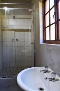 a bathroom with a white sink and a shower at Merino Guest Farm in Clarens