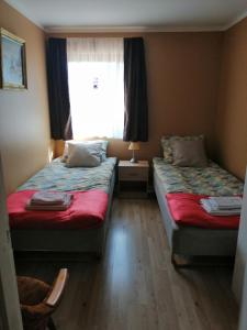 Cette chambre comprend deux lits et une fenêtre. dans l'établissement Holiday house in Lofoten, à Kabelvåg