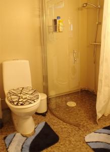 a bathroom with a toilet and a shower at 1A, Stuga med 50m till strand in Byxelkrok