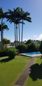 un sendero en un parque con palmeras y una piscina en Villa d'Alys, en Sainte-Rose