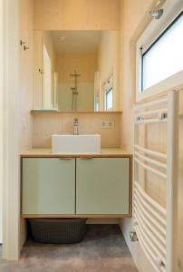 een badkamer met een wastafel en een spiegel bij De Lepelaar in Midsland