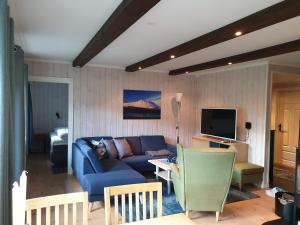 een woonkamer met een blauwe bank en een televisie bij Leilighet Gaustablikk in Rjukan