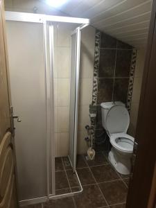 a small bathroom with a toilet and a shower at Serendi Apart Hotel in Alanya