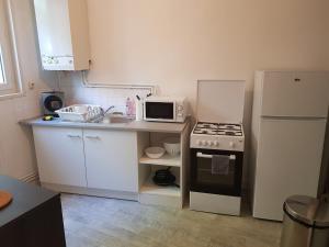 uma pequena cozinha com um fogão e um frigorífico em Le cosy d’Amboise em Amboise